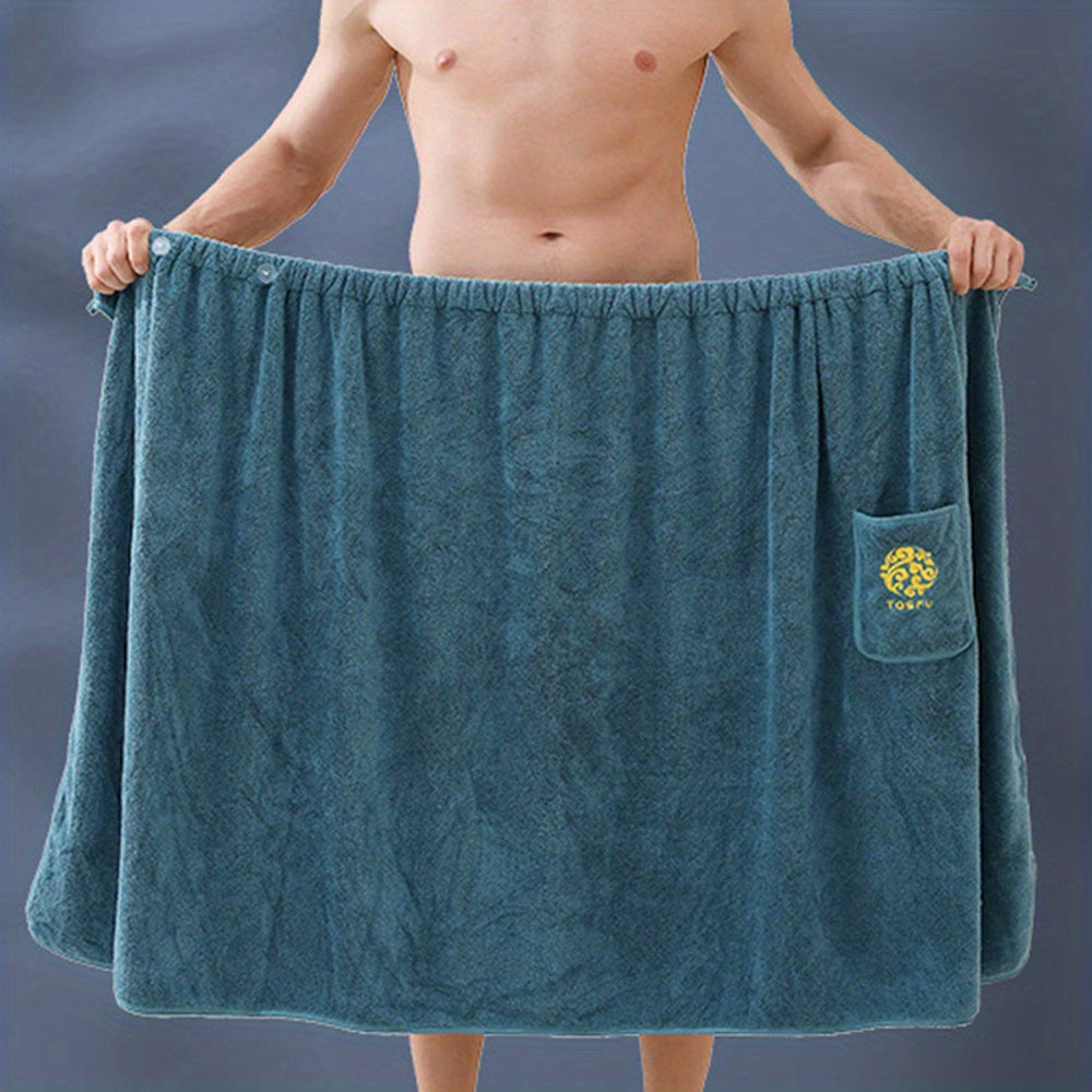 1pc Soft Absorbent Men's Bath Wrap Towel - Quick Dry Skin-Friendly Shower Skirt with Pocket - Plain Color Bathroom Essentials for Sauna, Spa, Gym & Home Use