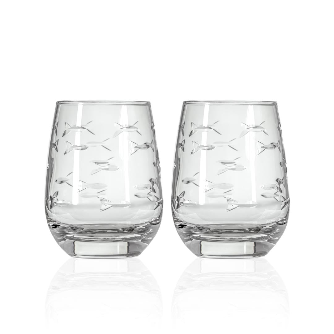 School of Fish 15oz Clear Stemless Wine Tumbler Glasses - Set of 2 | Perfect for Parties, Picnics & Home Entertaining