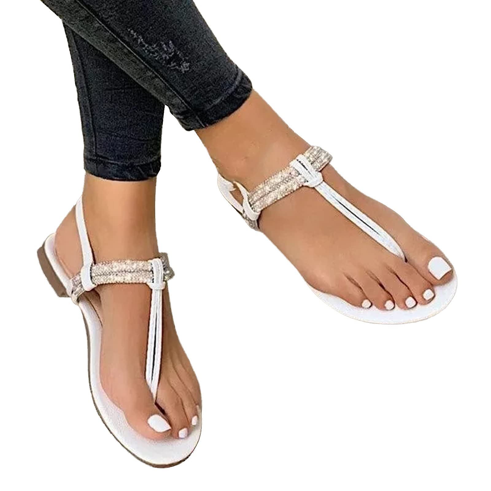 Teshalay Women's Crystal T-Strap Flat Sandals - Open Toe Summer Beach Flip Flops for Casual Wear & Vacation Outfits