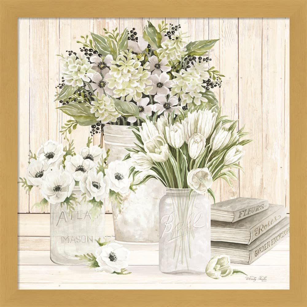 White Flowers Framed Art Print by Cindy Jacobs - 13x13 Inch Wall Decor with Deep Natural Frame - Perfect for Living Room, Bedroom & Office Decor