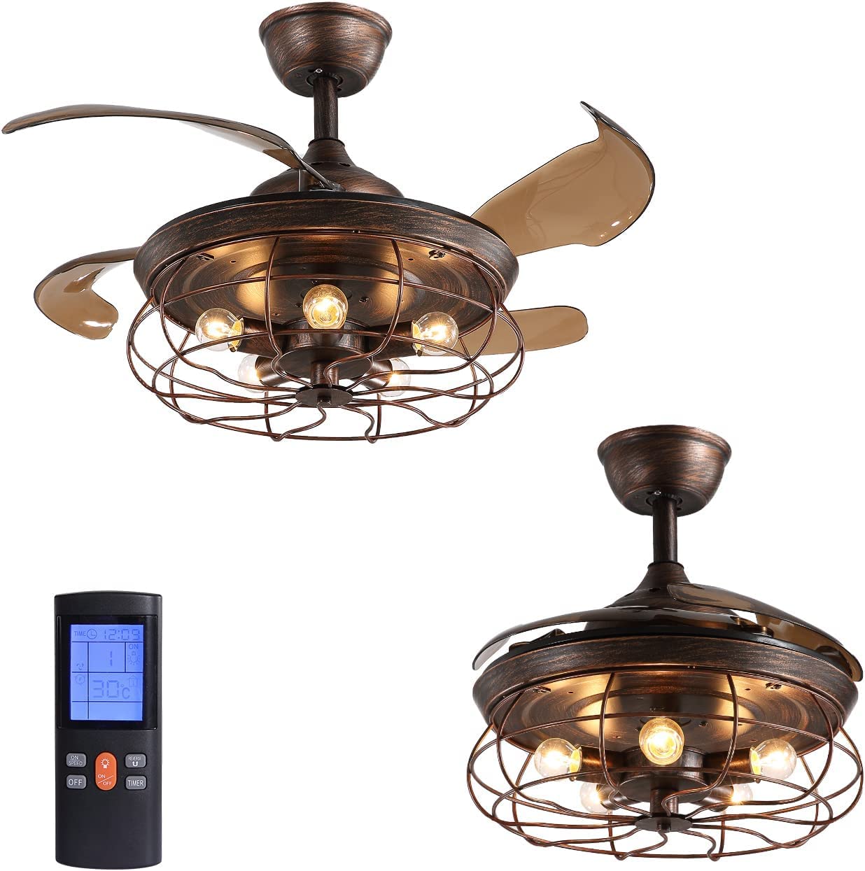 Vintage Industrial Ceiling Fan with Light - 36 Inch Rustic Chandelier Fan with Retractable Blades & Remote Control - Perfect for Kitchen, Bedroom, Living Room & Dining Room - 5 Lights & 4 Fan Blades - APBEAM Lighting