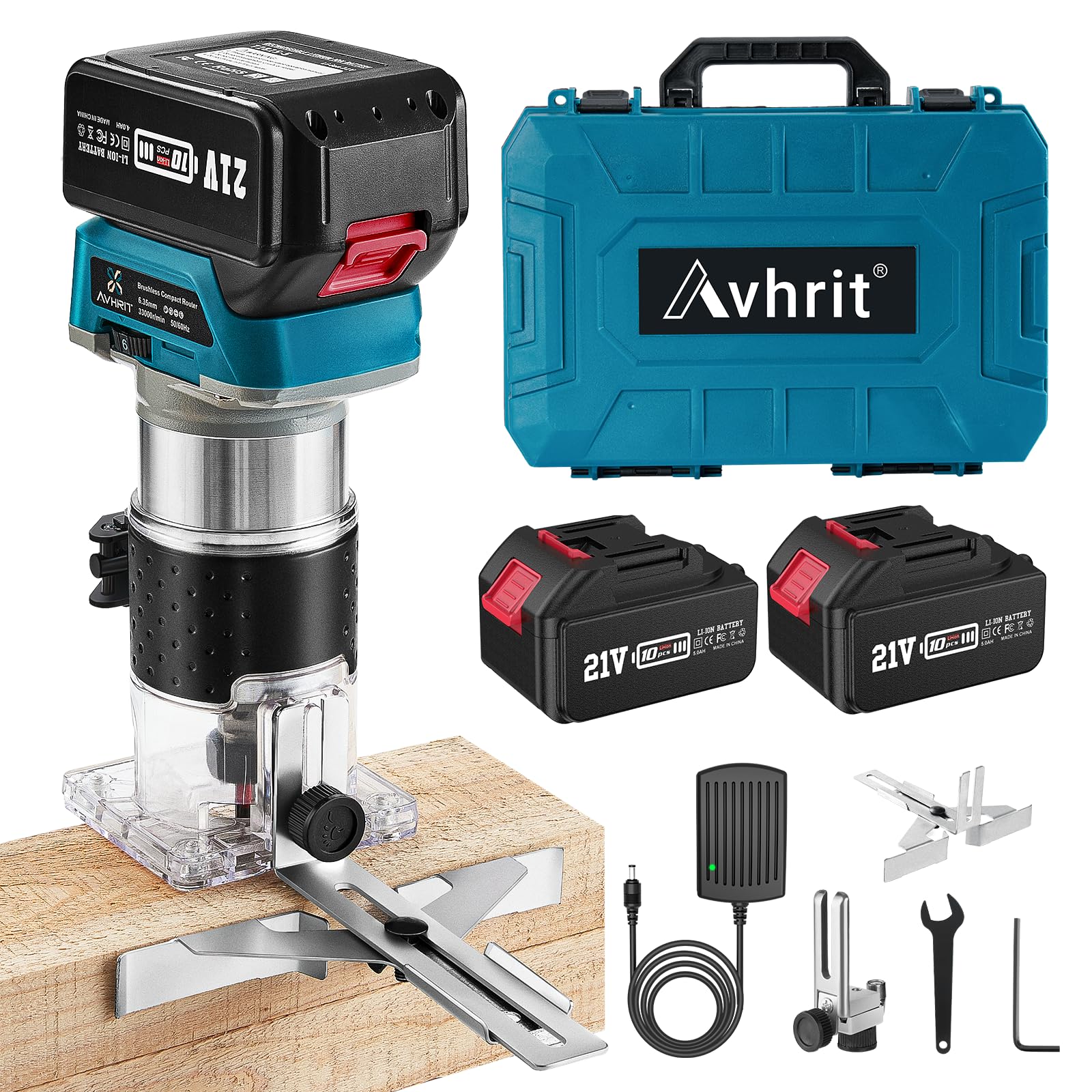 21V Cordless Compact Router Tool with 2PCS 4.0Ah Batteries - Brushless Handheld Palm Router for Woodworking, Wood Trimming & Cutting - Includes 15-Piece 1/4