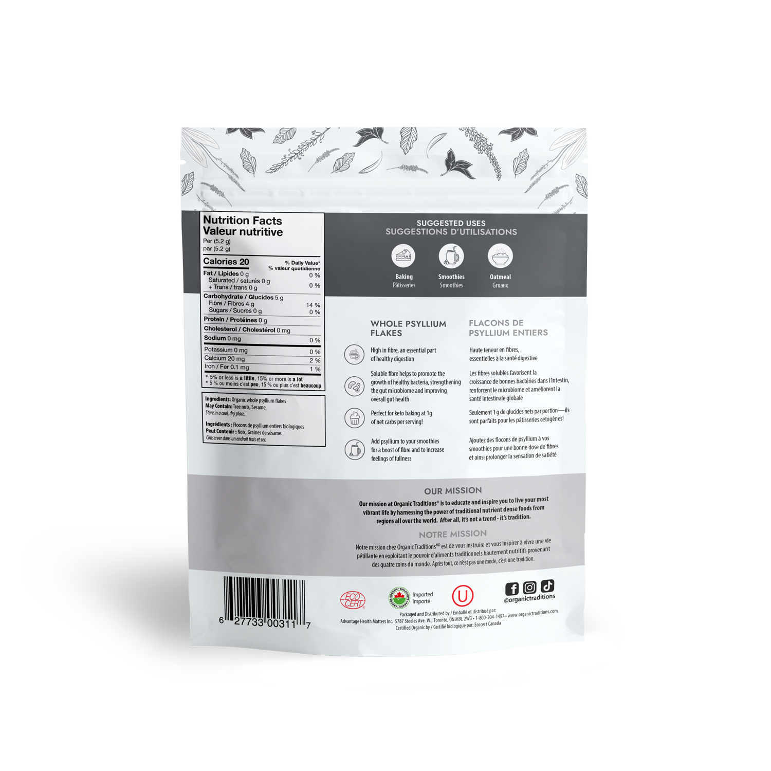 Organic Whole Psyllium Husk Flakes - 100% Natural Fiber Supplement for Digestion & Weight Management - Perfect for Smoothies, Baking & Keto Diet