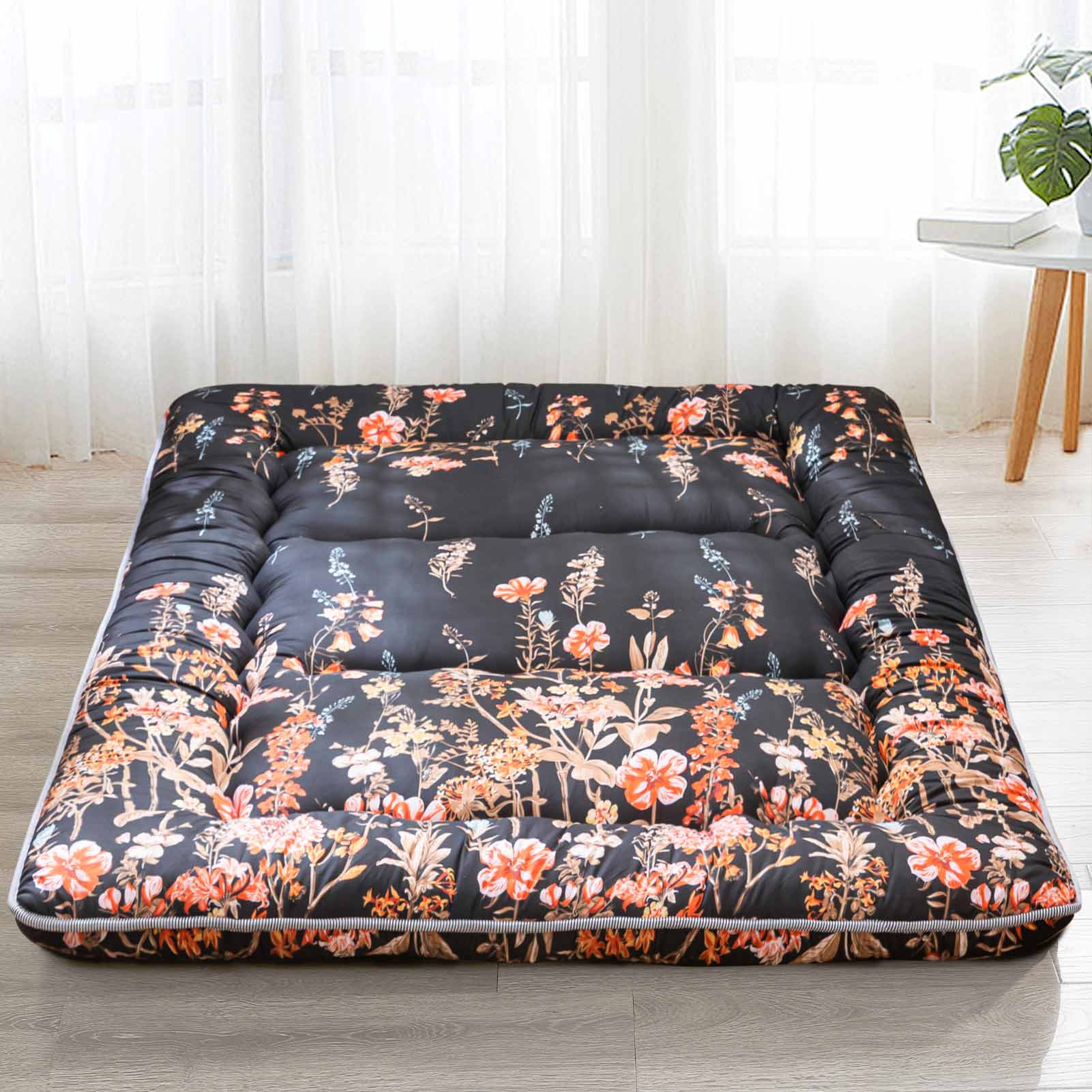 MAXYOYO Floor Mattress - Black Floral Printed Japanese Futon Mattress for Bedroom, Guest Room & Travel | Foldable Floor Sleeping Pad for Adults & Kids