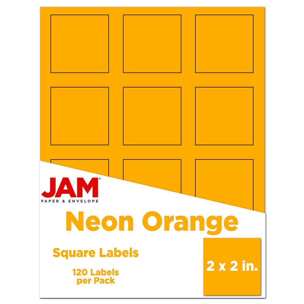 JAM PAPER Square Product & Container Labels - 2 x 2 Inch Neon Orange Stickers - 25 Packs of 120 (3000 Labels Total) - Perfect for Organizing Pantry, Office Supplies & Craft Storage