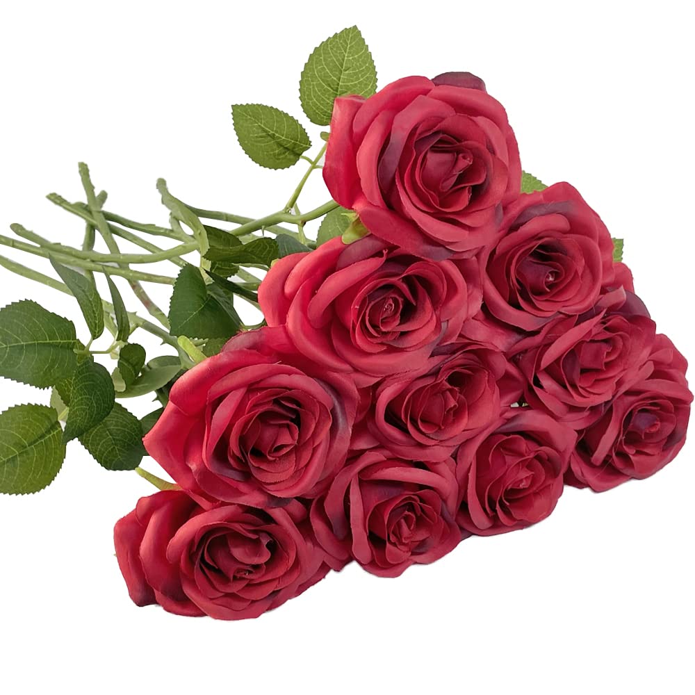 DSforG 10-Pack Real Touch Artificial Silk Roses - Long Stem Fake Flowers for Home, Wedding, Party, Kitchen Decor (Wine Red) | Perfect for Centerpieces, Bouquets, and Romantic Gift Giving