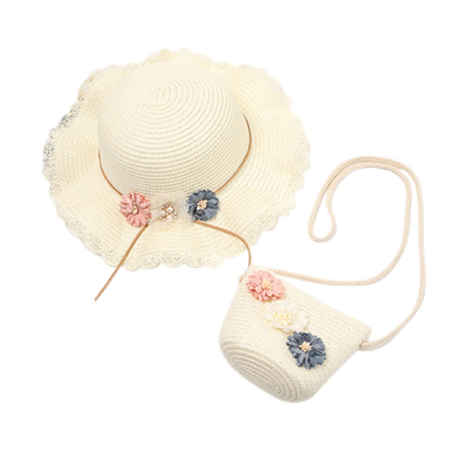 Girls Straw Sun Hat with Flower - UV Protection Beach Hat for Kids - Summer Sunshade Hat for Outdoor Play, Pool, and Beach Activities