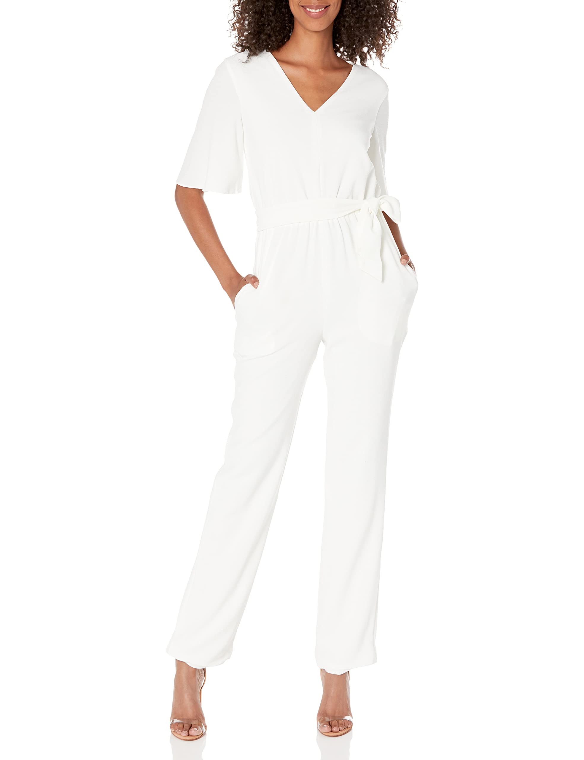 Dress the Population Women's Maira Sleeveless Plunging V-Neck Dress Jumpsuit with Bow Details - Perfect for Cocktail Parties, Weddings & Evening Events