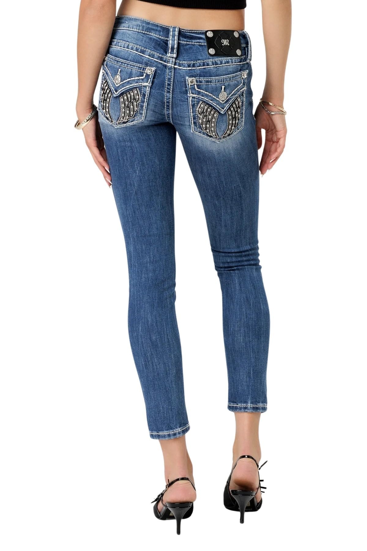 Miss Me Women's Low-Rise Skinny Jeans with Leather Shadow Wings - Stylish Distressed Denim Pants for Casual Wear & Night Out