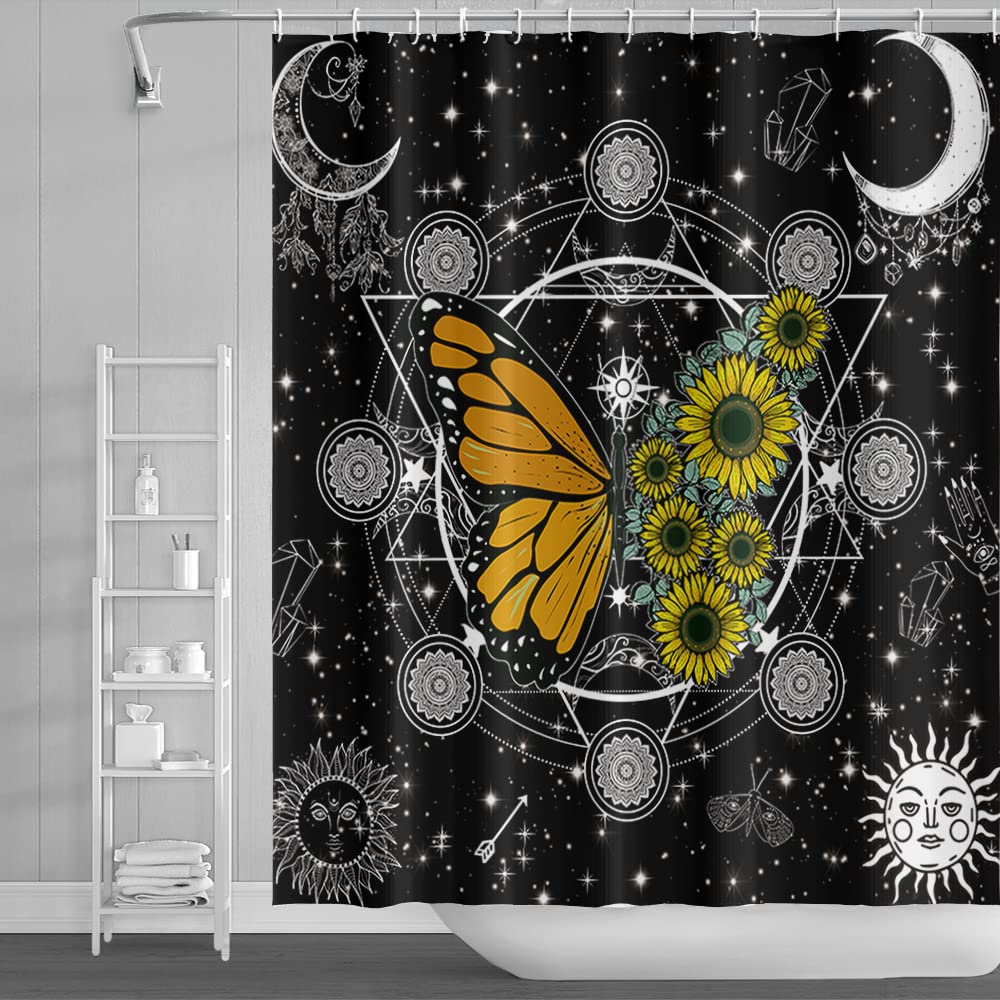 Sunflower and Butterfly Shower Curtain Set - Black & White Waterproof Polyester Bathroom Decor with Moon Phase Design - Includes 12 Hooks (60x72 Inch) - Perfect for RV, Apartment & Modern Bathroom Decor