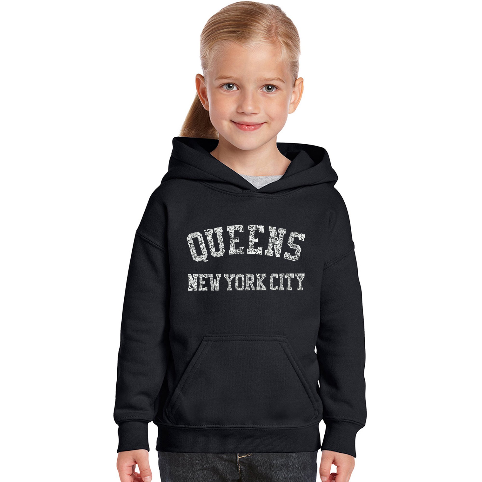 Girl's Word Art Hooded Sweatshirt - Popular Neighborhoods in Queens, NY - LA Pop Art Style | Trendy Graphic Pullover for Teens | Perfect for School, Streetwear & Urban Fashion