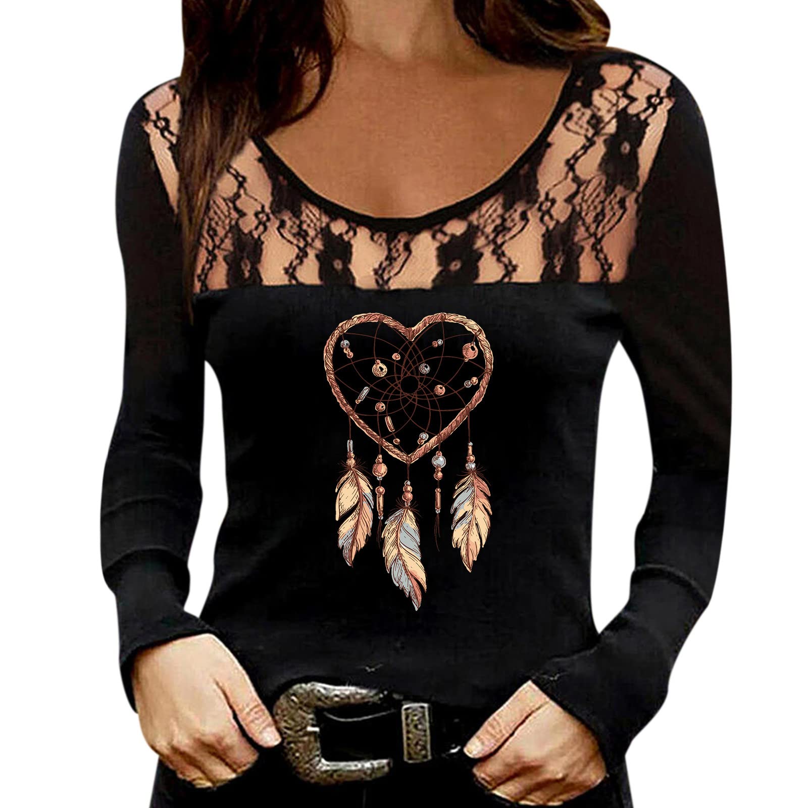 Women's Hemlock Crewneck Lace Top - Floral Print Long Sleeve Tunic Blouse - Solid Color Pullover Shirt for Casual Wear, Office & Date Night