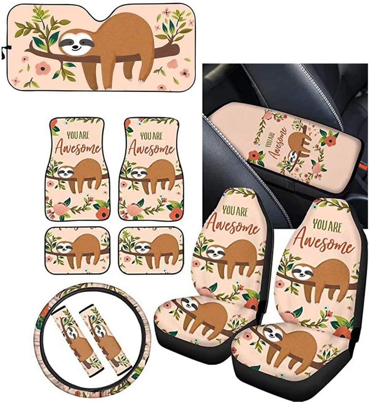 Pensura Cute Cartoon Sloth Car Accessories Set - Seat Covers, Steering Wheel Cover, Armrest Pad, Seat Belt Pads & Sunshade for Women | Perfect for Daily Commute, Road Trips & Gift Giving