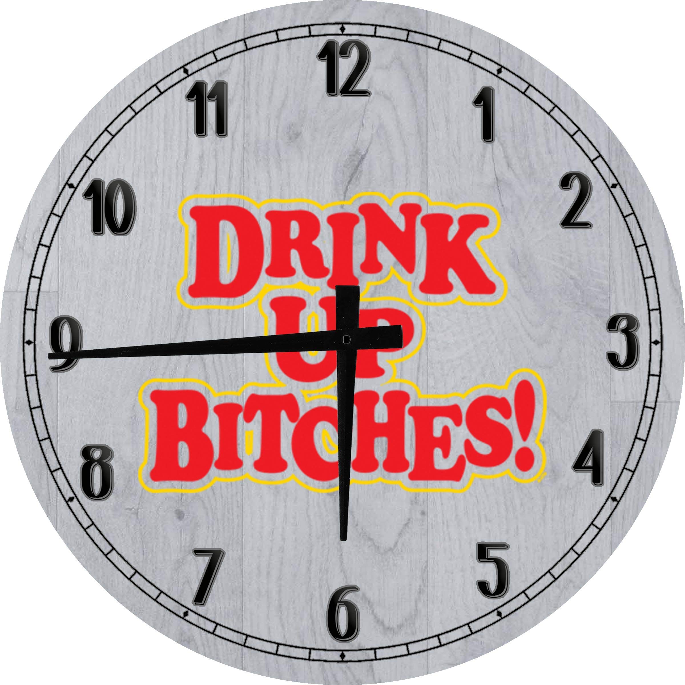 24 Inch Gray Round Wall Clock - Bar Wall Art Decor with 'Drink Up Bitches' Design for Beer, Alcohol, Party, Wedding, Birthday, Shots - Battery Operated for Home, Bar, or Man Cave