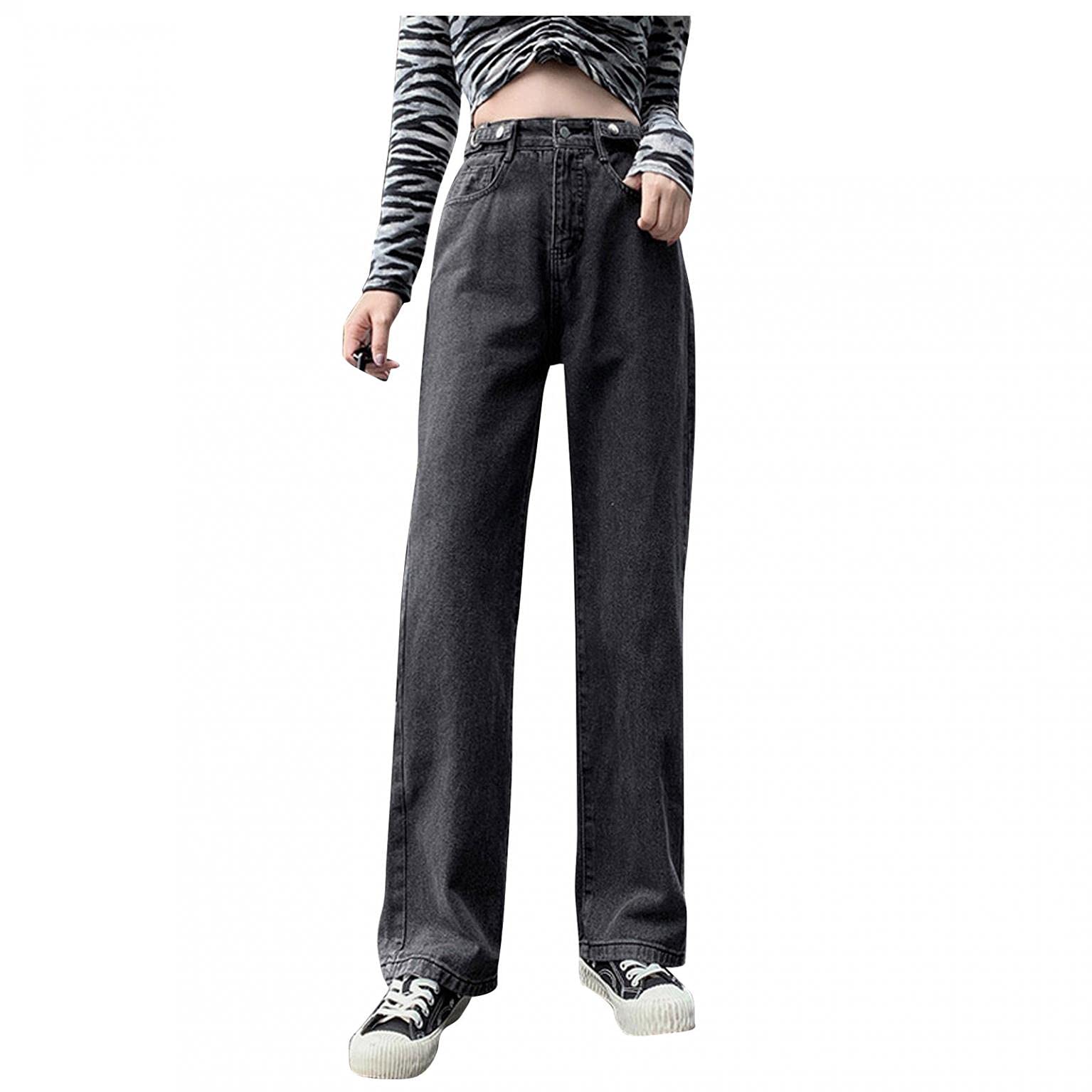 COMVALUE Women's High Waist Distressed Stretch Jeans - Wide Leg Slim Fit Denim Pants for Casual Wear & Everyday Outfits
