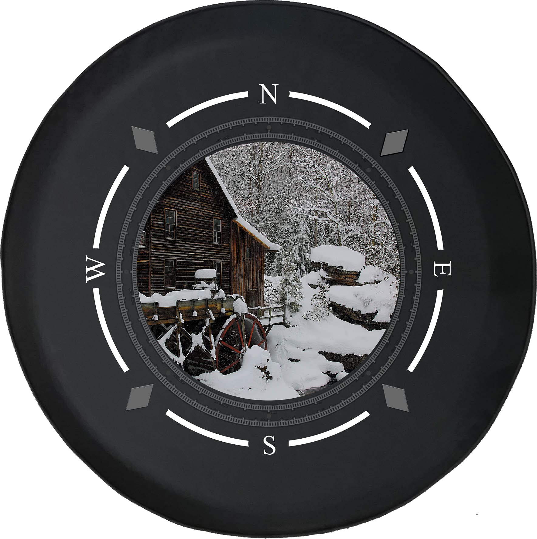 Premium American Unlimited Spare Tire Cover with Compass Design - Snow Covered Old Water Mill in The Woods - Universal Fit for SUV, Trailer, RV & Most Vehicles - Perfect for Outdoor Adventures & Road Trips