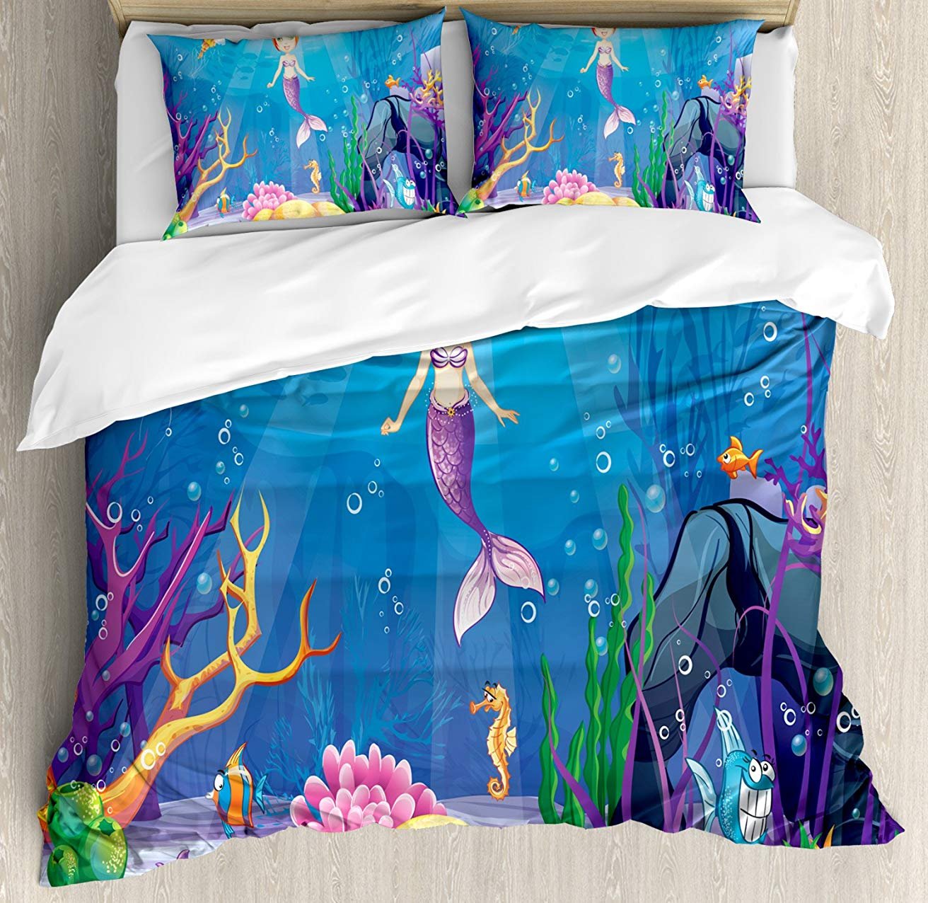Mermaid Twin Bedding Set - 3 Piece Comforter Duvet Cover with 2 Decorative Pillowcases | Underwater Theme Bedspread for Kids, Teens & Adults | Perfect for Themed Bedrooms, Sleepovers & Fantasy Decor