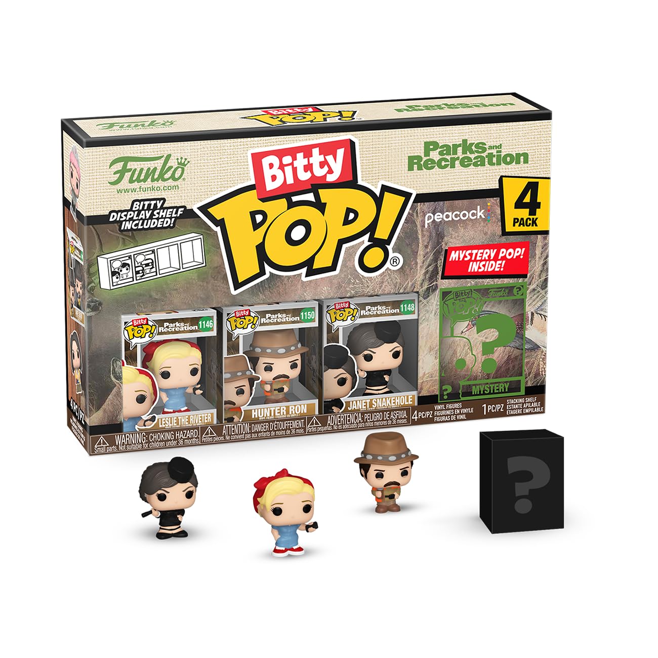 Funko Bitty POP! Parks & Recreation 4-Pack - Leslie The Riveter, Hunter Ron, Janet Snakehole + Mystery Figure & Mini (2.2cm) - Collectible Vinyl Figures for TV Show Fans, Office Decor, Gift for Parks & Rec Lovers