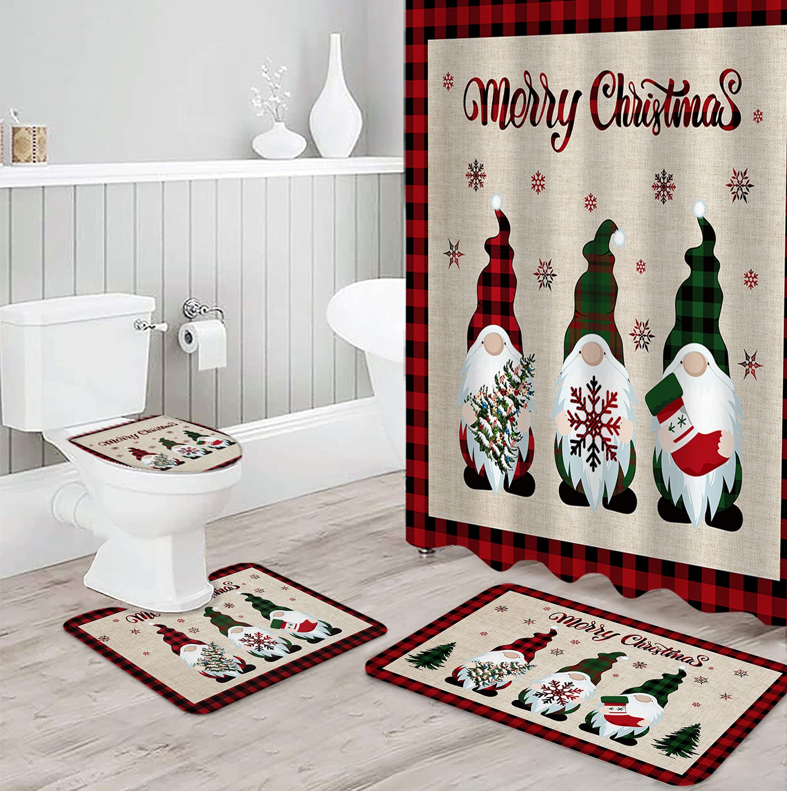 Prime Leader 4-Piece Christmas Shower Curtain Set - Waterproof Bathroom Decor with Non-Slip Mat, Toilet Cover & 12 Hooks | Festive Gnome Snow Design for Holiday Bathroom Decorating | Perfect for Xmas Gifts & Winter Home Decoration