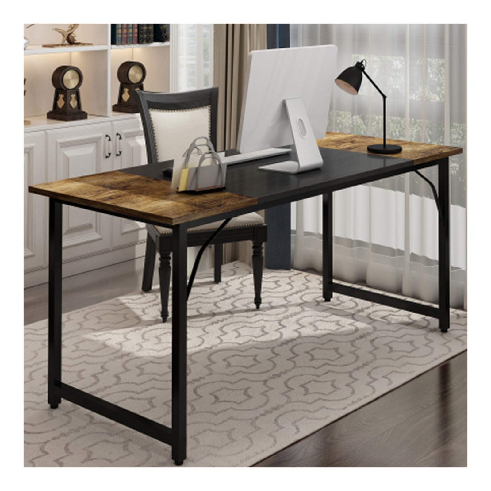 YZZSJC Modern Black Metal Frame Computer Desk - Home Office Writing Desk with Contrasting Color Splice Board Design | Perfect for Small Spaces, Remote Work & Study