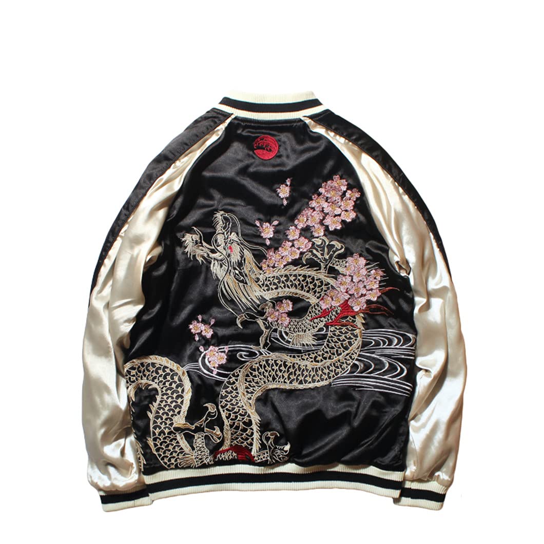 Men's Embroidered Cherry & Dragon Bomber Jacket - Reversible Spring & Autumn Coat for Casual Wear, Street Style & Outdoor Activities