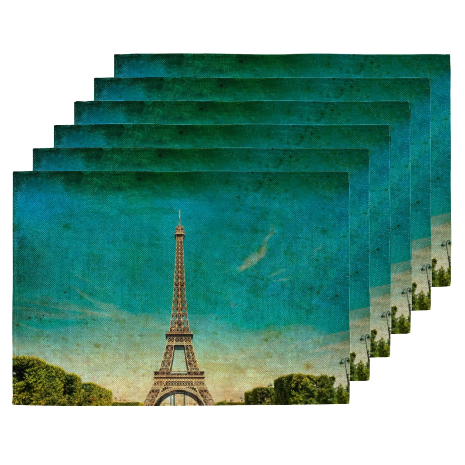 Eiffel Tower Sky Placemats Set of 6 - Double Sided Paris Themed Table Mats, Heat-Resistant & Washable for Dining Tables - Perfect for Holiday Parties, Farmhouse Kitchens & French-Inspired Home Decor