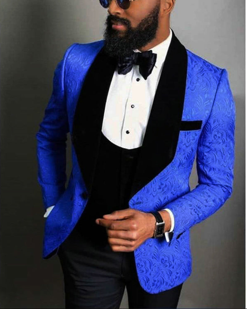 Royal Blue & Black Jacquard Floral Men's 3-Piece Wedding Tuxedo Suit (Jacket + Vest + Pants) - Formal Prom, Groom, Evening & Special Occasion Attire - CB08155