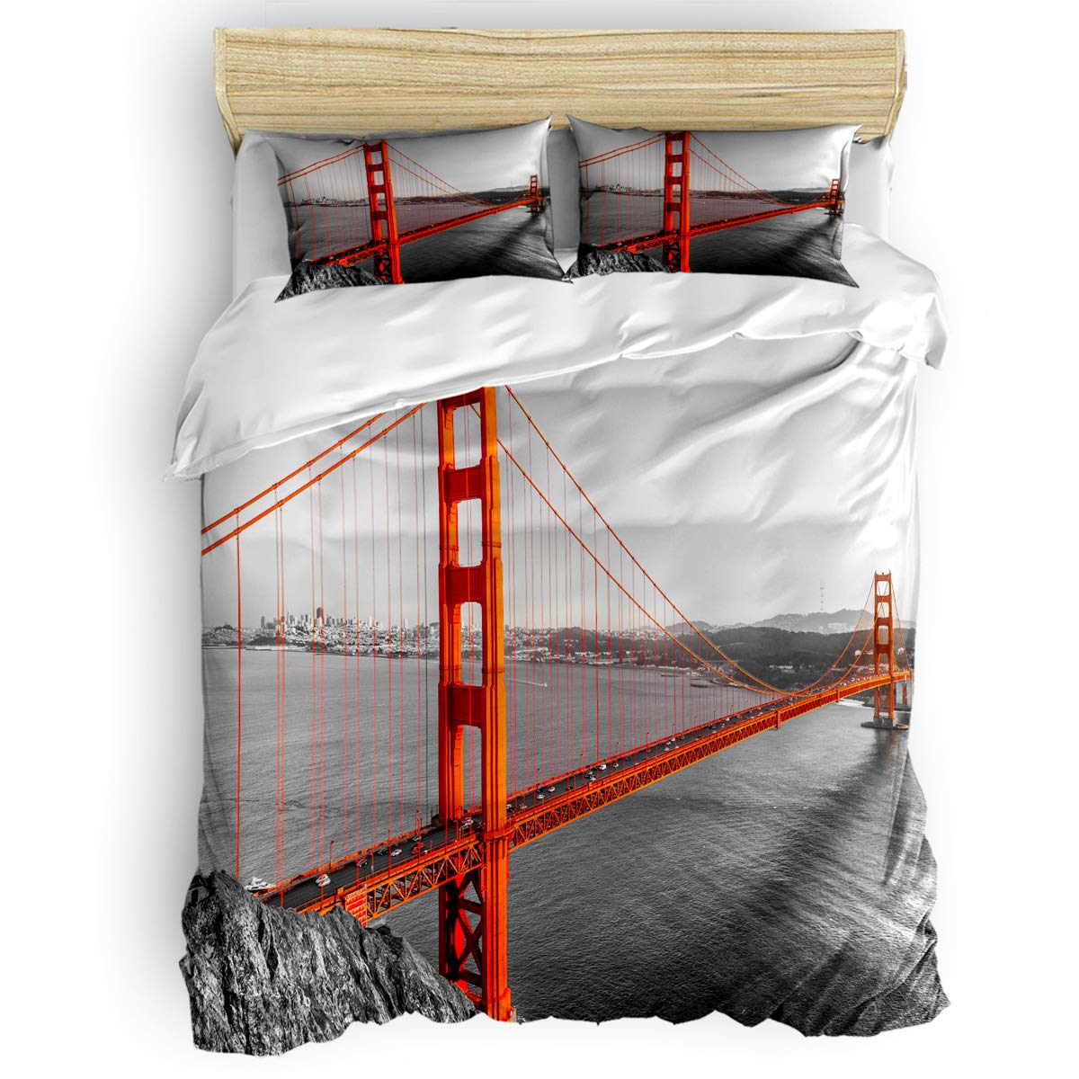 San Francisco Bridge Foggy Cloudy Day Duvet Cover Set - 4 Piece Bedding Set with 1 Duvet Cover, 1 Flat Sheet & 2 Pillowcases - Soft Comforter Cover for Men & Women - Perfect for Cozy Bedrooms & Guest Rooms