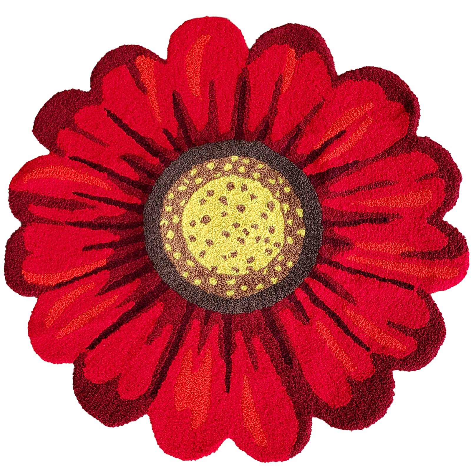 Hand Woven Sunflower Shaped Area Rug - 35.5 Inch Round Floral Carpet for Bedroom, Bathroom, Kitchen & Living Room - Modern Large Red Sunflower Floor Mat for Boho Home Decor & Cozy Spaces