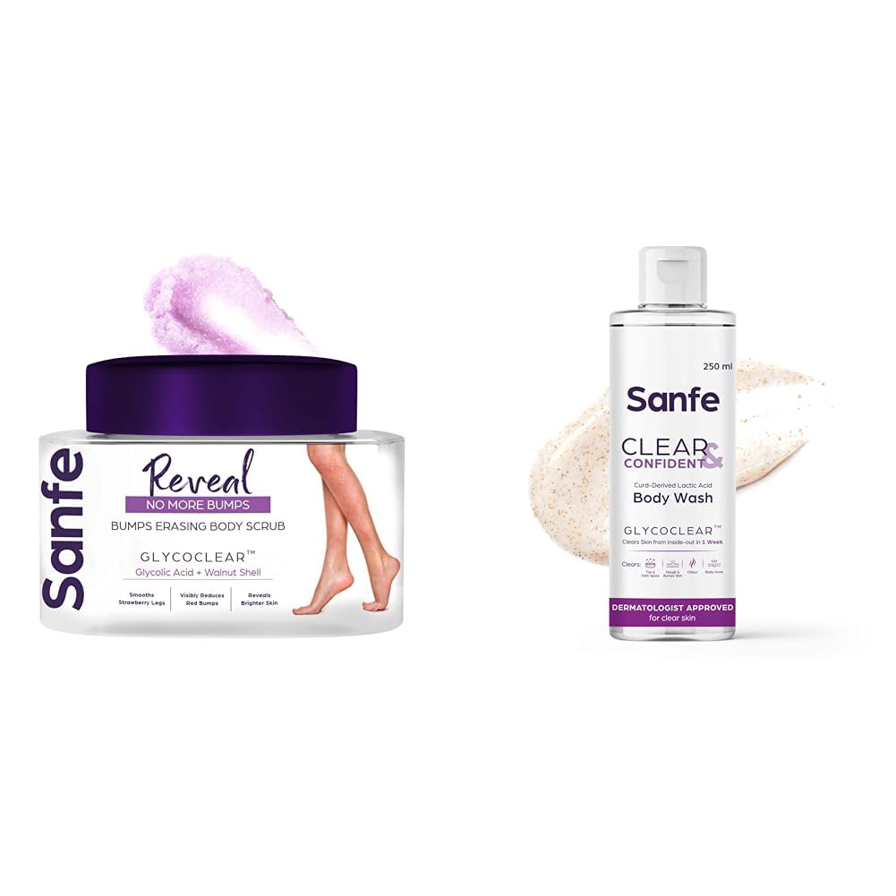 Sanfe Reveal No More Bumps Body Scrub with Glycolic Acid - Exfoliating & Smoothing Body Wash for Clear, Confident Skin | Perfect for Keratosis Pilaris & Ingrown Hair Treatment