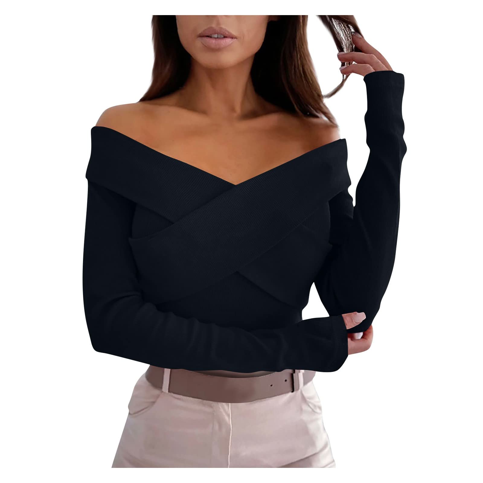 Plus Size Women's White Cropped Crew Neck Long Sleeve Cotton Top - Sexy Summer Blouse for Casual Wear, Date Night & Office Outfits