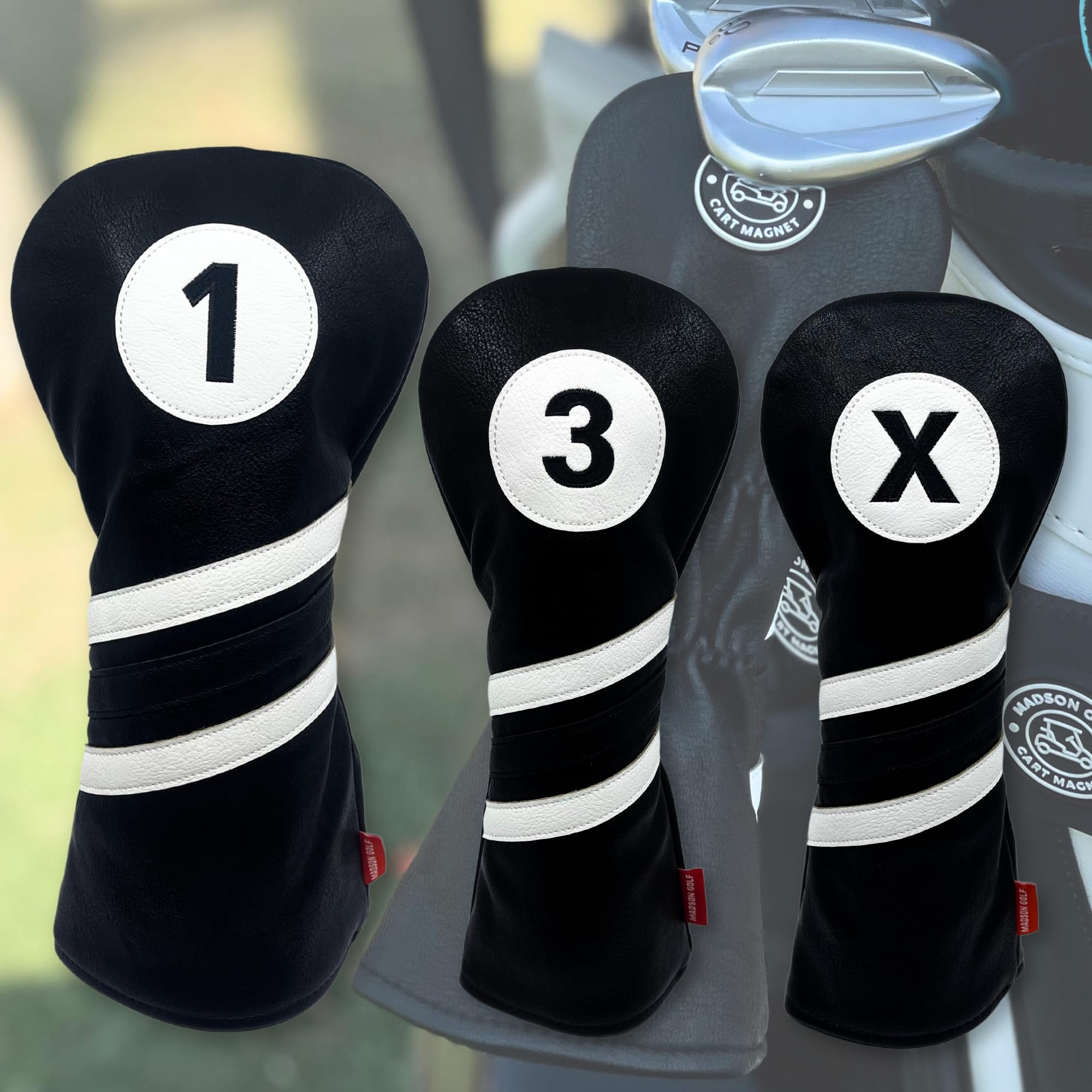 Madson Golf Cart Magnet Headcovers 3-Piece Set - Driver, Fairway Wood & Hybrid Club Head Covers with Secure Rubber Magnet for Quick Access | Perfect for Golf Course, Driving Range & Club Protection During Transport
