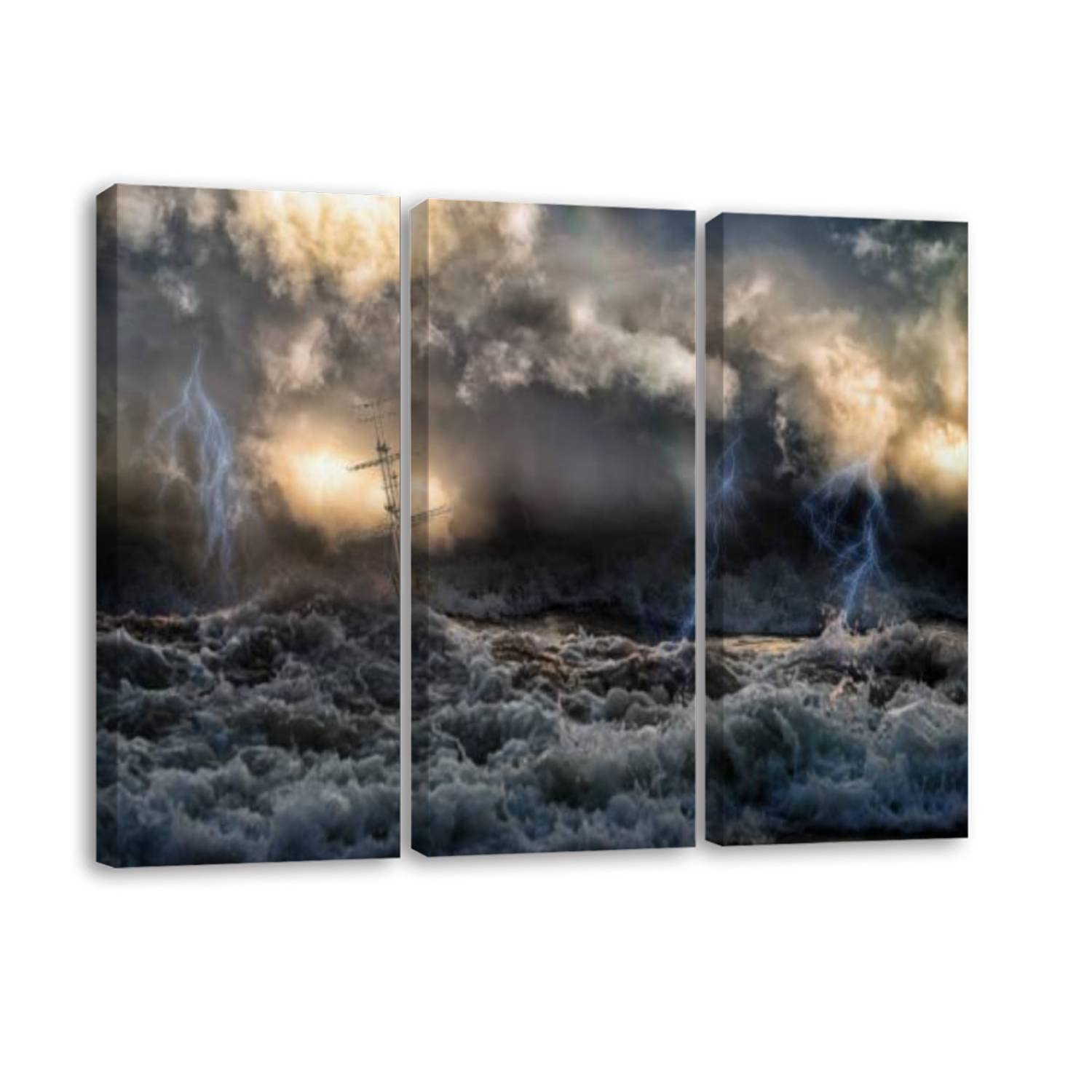 Stormy Sea Sailing Ship Canvas Wall Art - 3-Piece Framed Prints for Living Room & Bedroom Decor