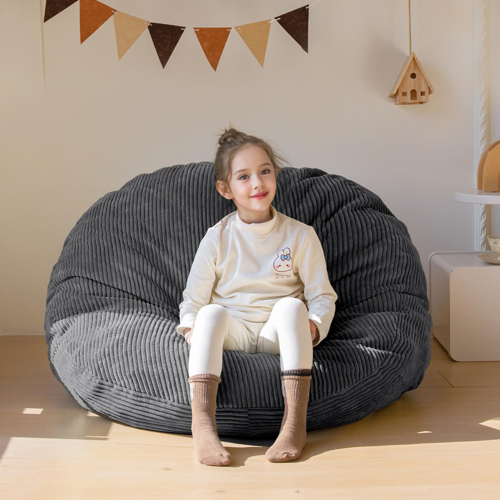 MAXYOYO 3-in-1 Convertible Kids Bean Bag Chair & Bed - Corduroy Round Floor Sofa for Children's Room, Gaming & Reading - Dark Grey - Perfect for Playrooms, Bedrooms & Dorm Rooms