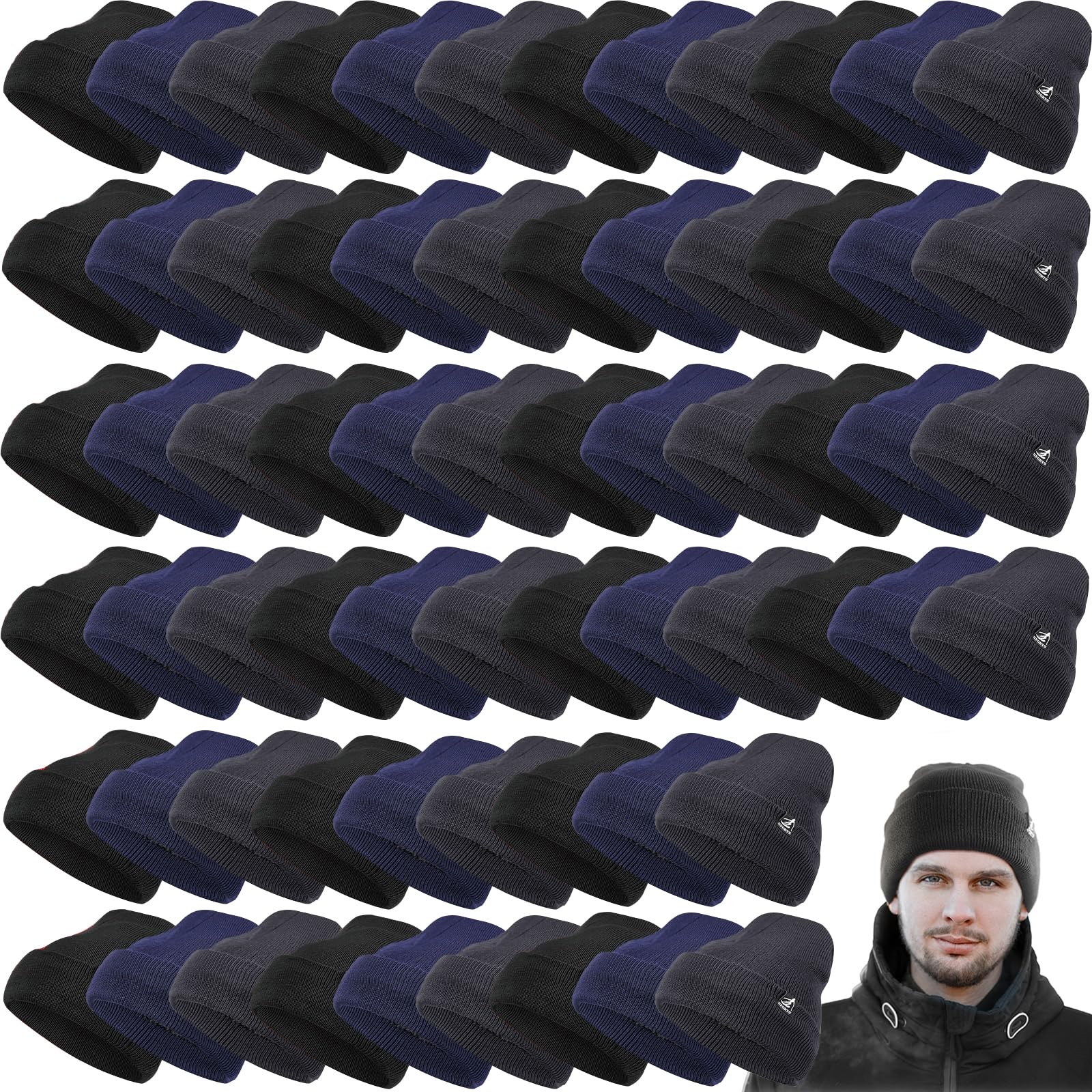 80 Pcs Unisex Winter Beanie Hats Bulk - Knitted Fleece Lined Warm Cozy Double Layer Hats for Men & Women - Perfect for Cold Weather, Outdoor Activities & Bulk Donations