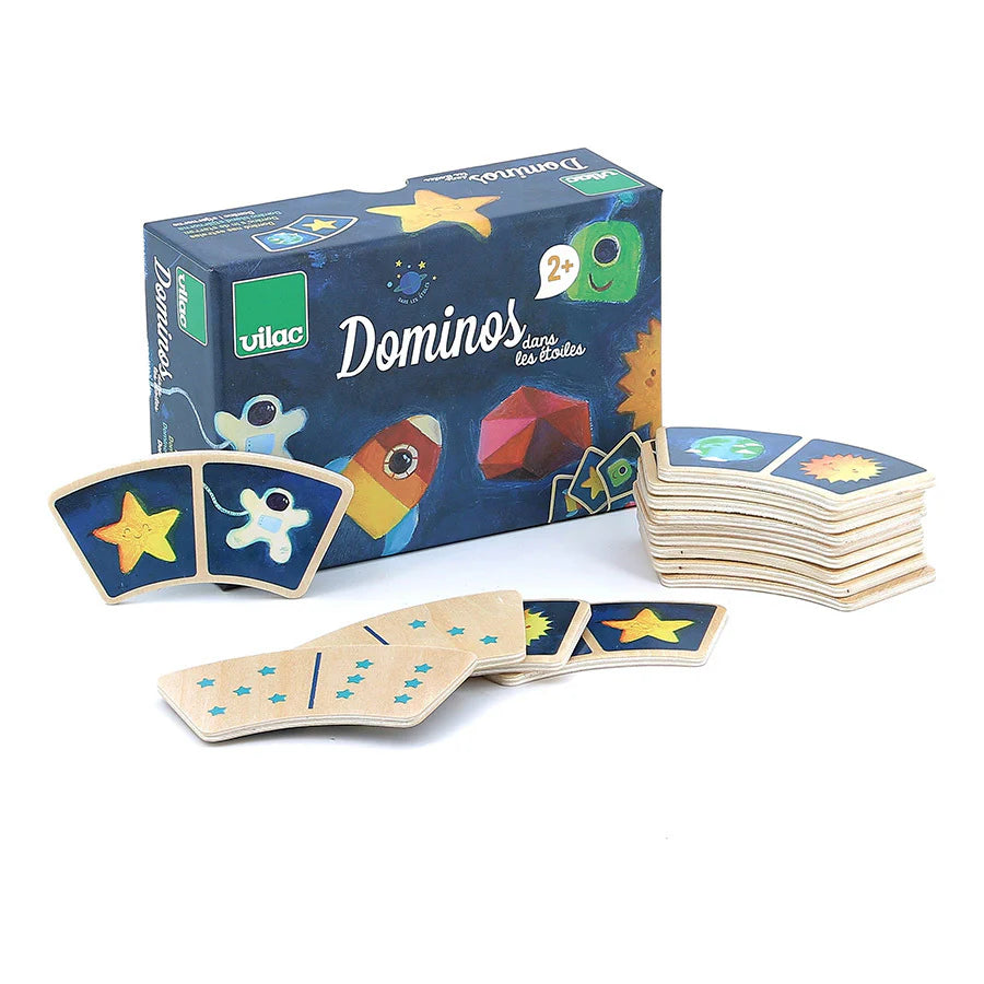 Wooden Space Themed Dominos Set - 28 Piece Educational Toy for Kids, Planets & Stars Design - Fun Learning Game for Family & Classroom STEM Activities