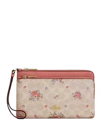 Coach Double Zip Wallet in Signature Canvas with Floral Print - Stylish Women's Leather Wallet for Everyday Use, Travel & Gift Giving