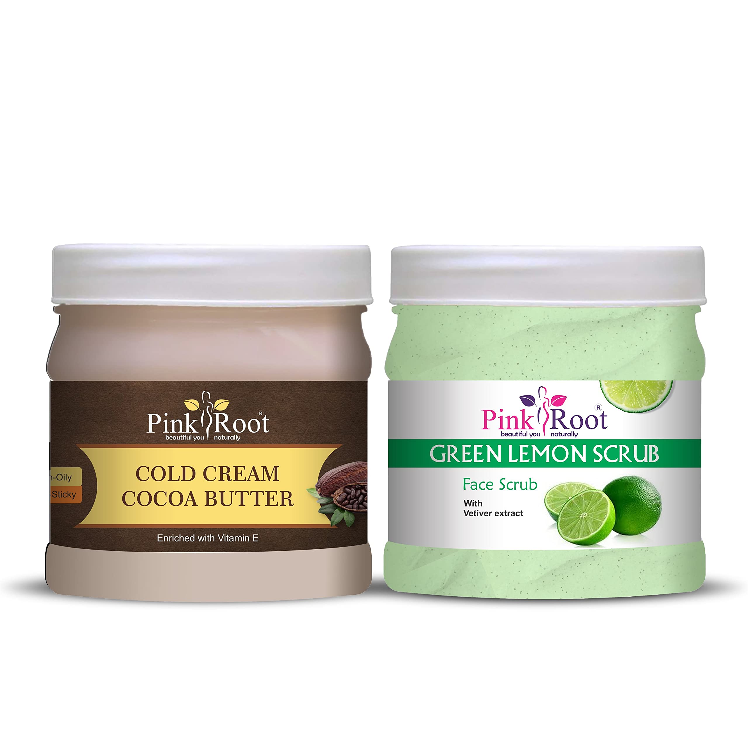 Organic Pink Root Cocoa Butter Cold Cream & Green Lemon Scrub Set - 500gm Each | Moisturizing & Exfoliating Skincare for Dry Skin | Perfect for Spa Day & At-Home Self Care Routine