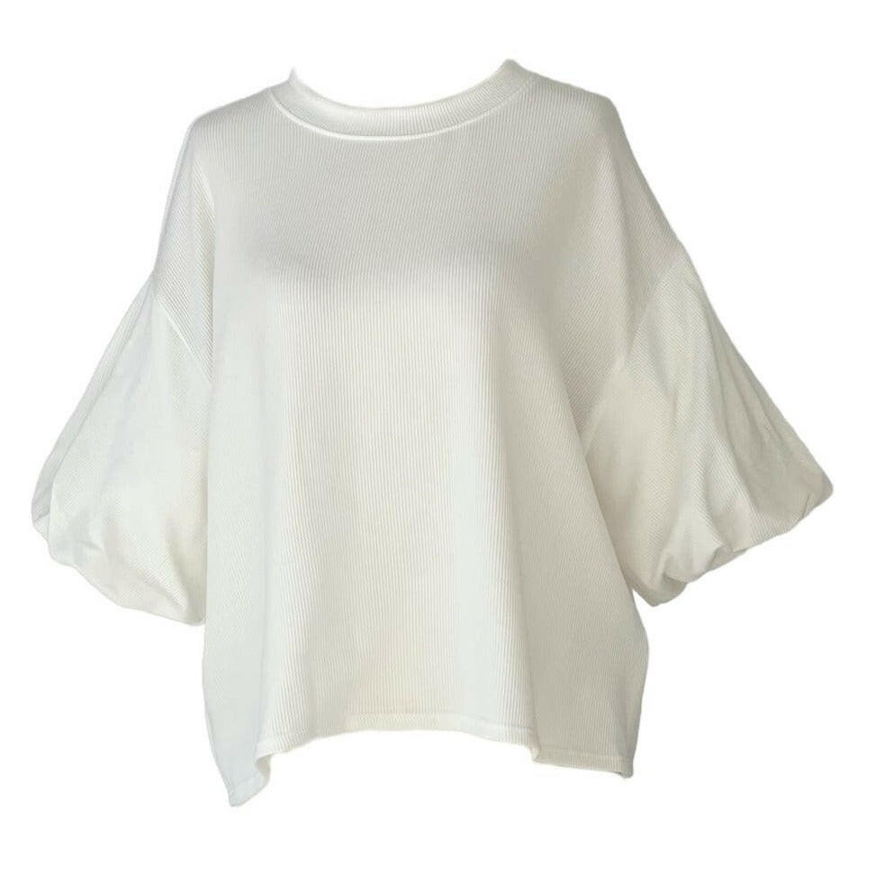 Stylish Ribbed Puffy Sleeve 3/4 Sleeve Blouse in Ivory | Women's Fashion Tops for Casual Wear & Office Outfits