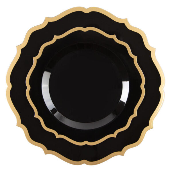 32-Piece Black and Gold Round Plastic Dinnerware Set - Elegant Disposable Plates, Cups, Forks, Knives & Spoons for 16 Guests - Perfect for Parties, Weddings, BBQs & Outdoor Events