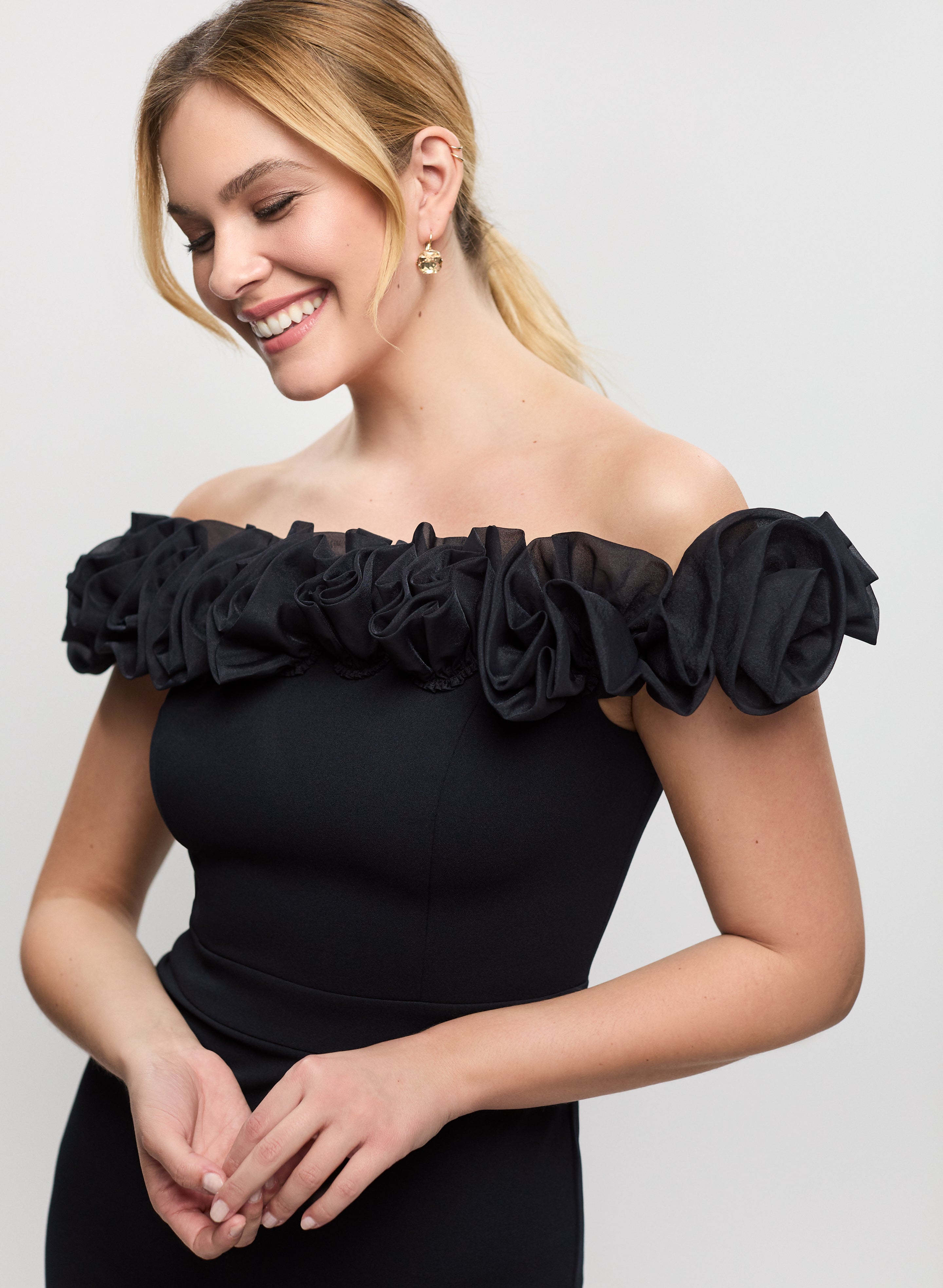 Bardot Organza Rosette Dress - Elegant Floral Lace Evening Gown for Women | Perfect for Weddings, Prom, Cocktail Parties & Special Occasions