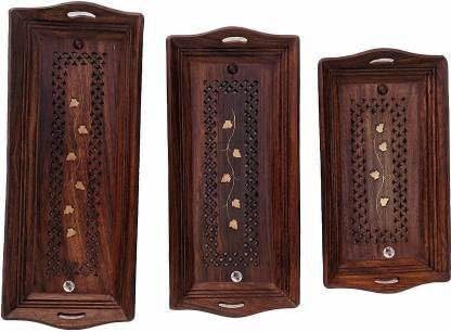 SMARTS COLLECTION Handmade Rosewood Rectangular Serving Tray Set of 3 - Natural Striped Wooden Trays for Food & Drink Display - Perfect for Coffee Table, Dining Table, and Kitchen Organization - Standard Size Brown Wooden Trays D003