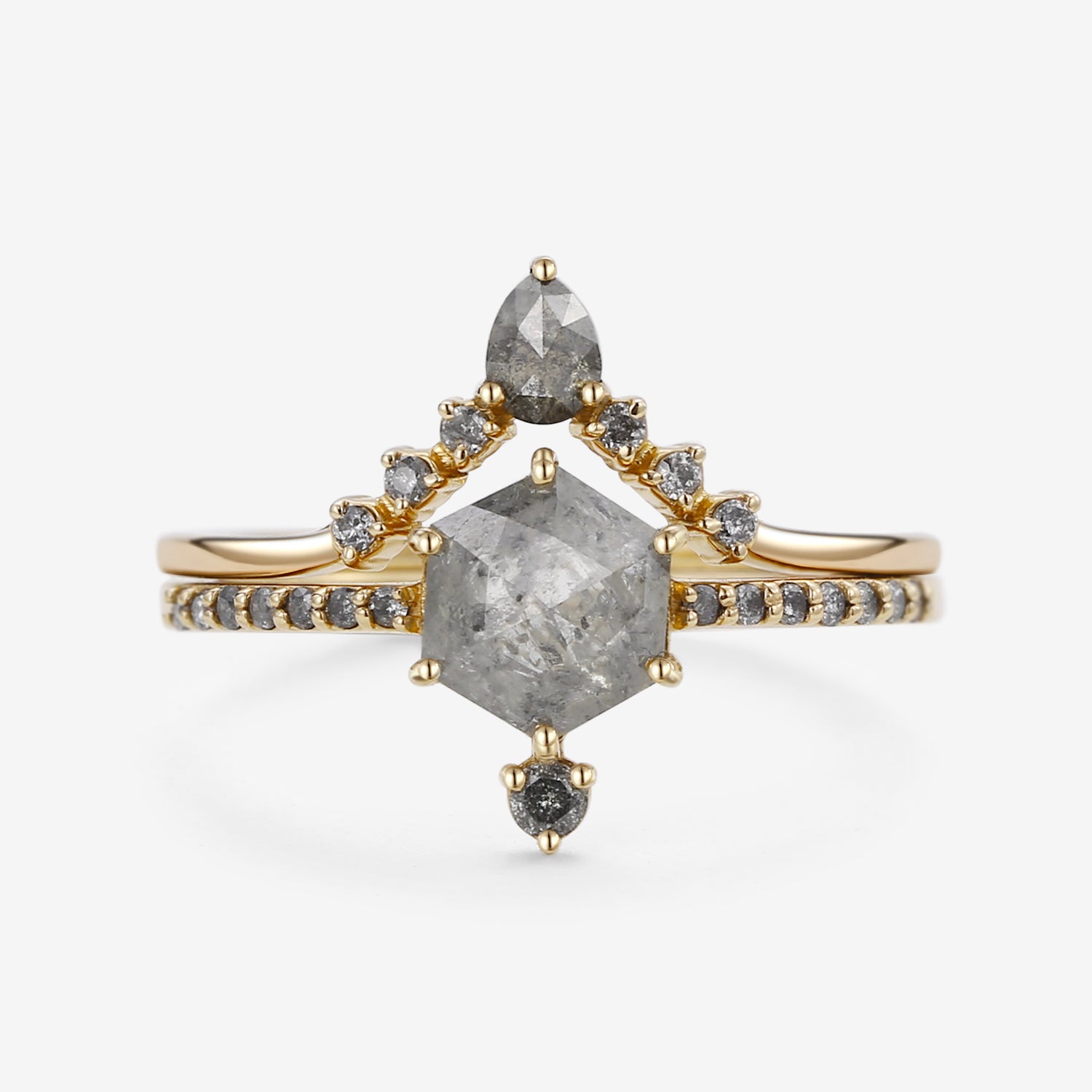 Hexagon Salt and Pepper Diamond Ring Set - 2 Piece Unique Wedding Band for Women - Perfect for Engagement, Anniversary & Everyday Elegance