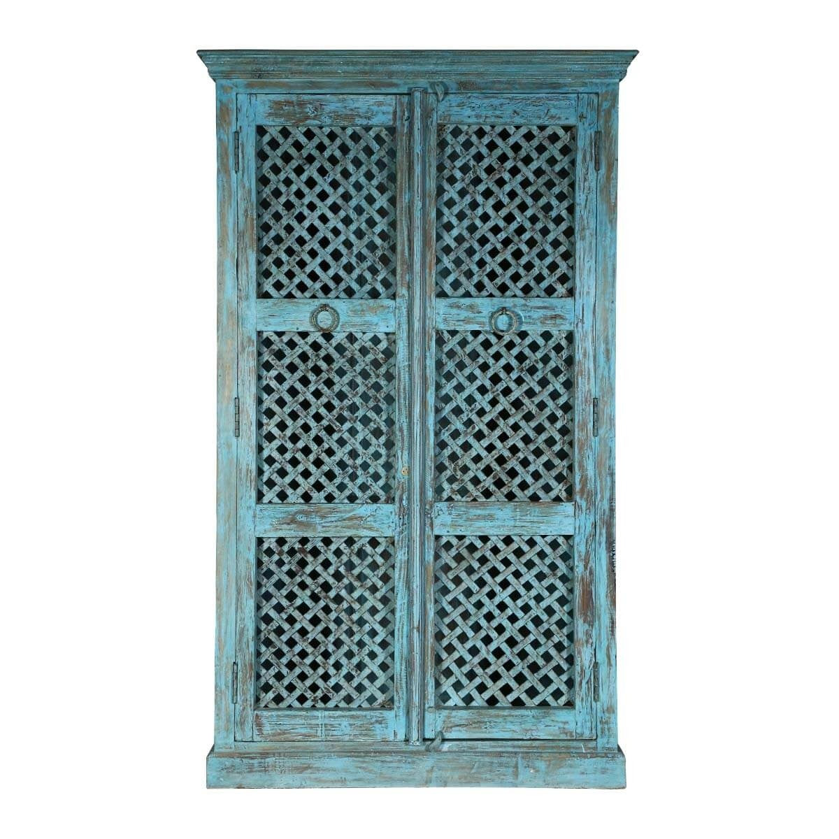 Hand Carved Indian Solid Wood Farmhouse Style Lattice Door Cabinet - Rustic Storage Solution for Living Room, Bedroom & Entryway Décor