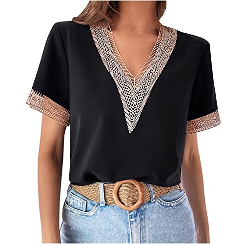 Women's Guipure Lace Deep V Neck Short Sleeve Blouse - Soft Flowy Tunic Top for Casual Wear & Dressy Occasions - Perfect for Date Night, Office, and Evening Outings