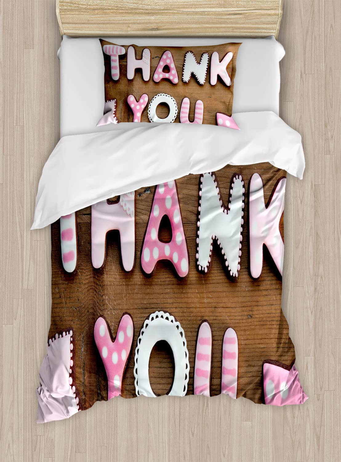 Ambesonne Thank You Duvet Cover Set - Romantic Cookie Letters & Sugar Candy Design on Rustic Wood Table - 2 Pack Twin Size Bedding Set with 2 Duvet Covers & 2 Pillowcases - White, Brown & Pink - Perfect for Guest Rooms, Bedroom Decor & Gift Giving