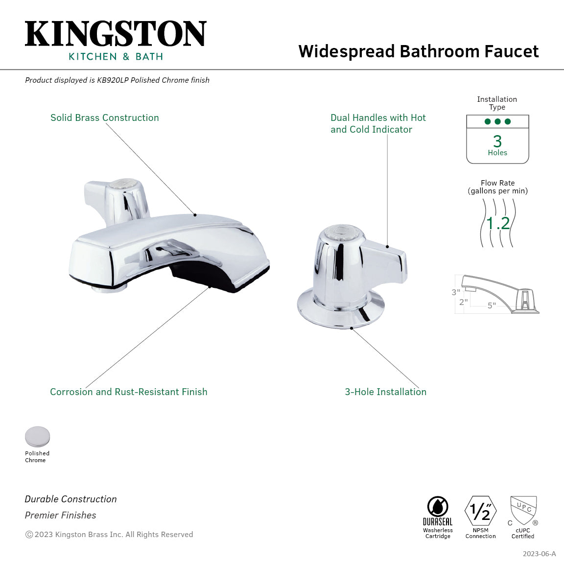 Americana KB920LP Two Handle 3 Hole Widespread Bathroom Sink Faucet in Polished Chrome - Perfect for Modern Vanities and Bathroom Renovations