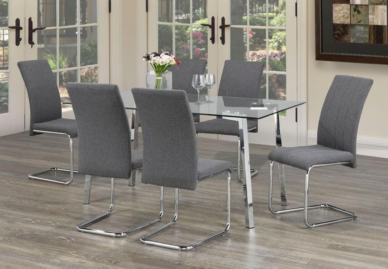 Clear Tempered Glass Dining Table with Chrome Metal Legs & Light Grey Fabric Dining Chairs Set - Modern Kitchen & Dining Room Furniture for Small Spaces