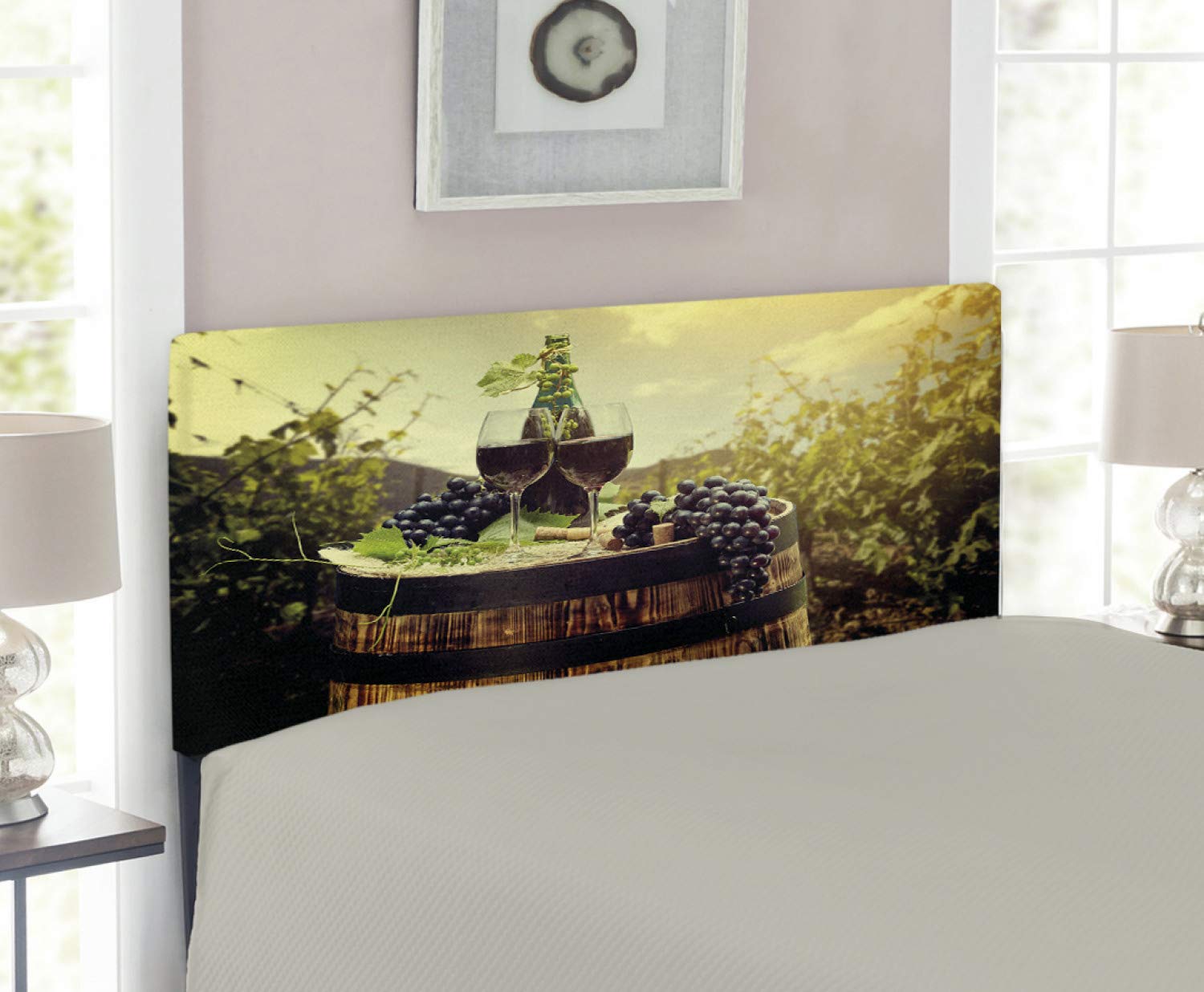 Ambesonne Wine Themed Headboard - Tuscan Vineyard Landscape with Wine Barrels, Glasses & Grapes, Upholstered Metal Bed Frame with Memory Foam, Twin Size in Green Black Brown | Perfect for Wine Lovers' Bedroom Decor & Rustic Home Interiors