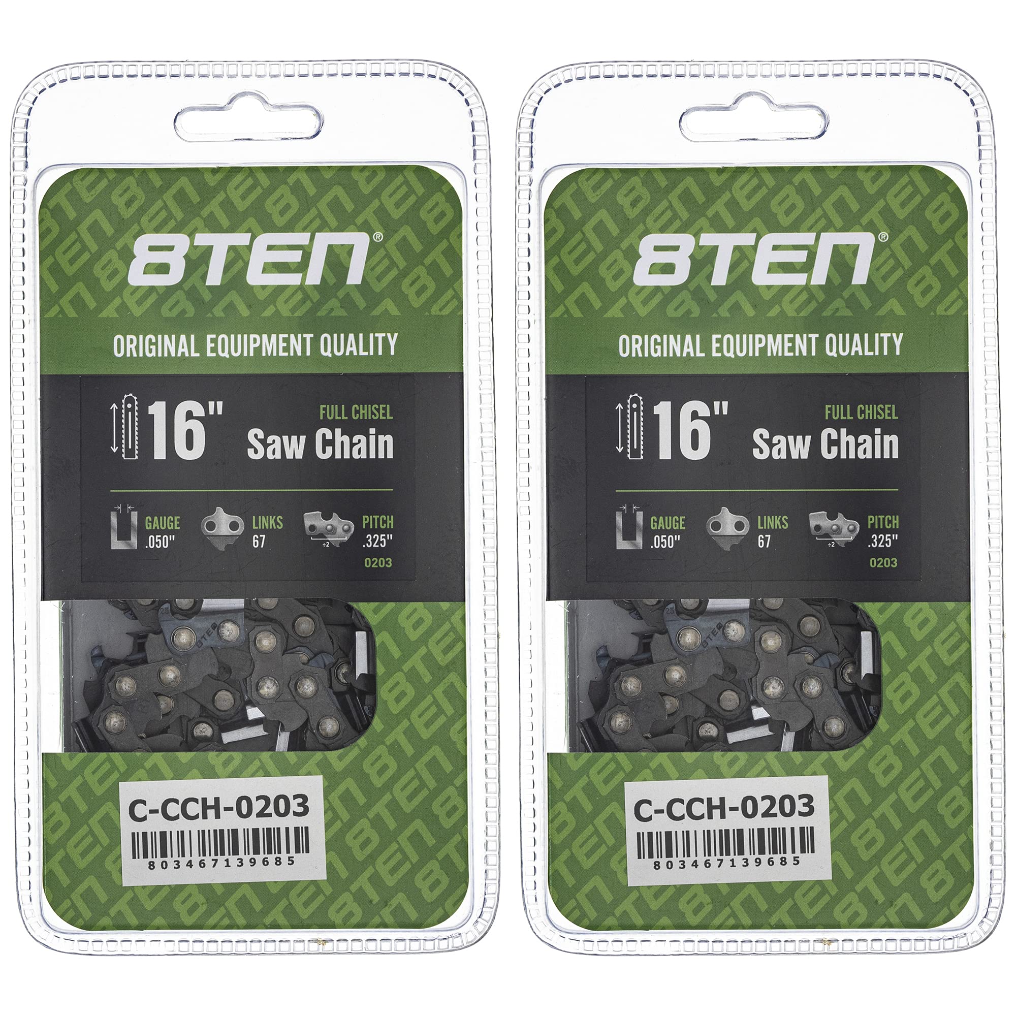 8TEN 16-Inch Full Chisel Chainsaw Chain .050 Gauge .325 Pitch 67DL - Compatible with Stihl MS270, Solo 651, Homelite 240 (2-Pack) - Professional Wood Cutting & Tree Trimming Accessories
